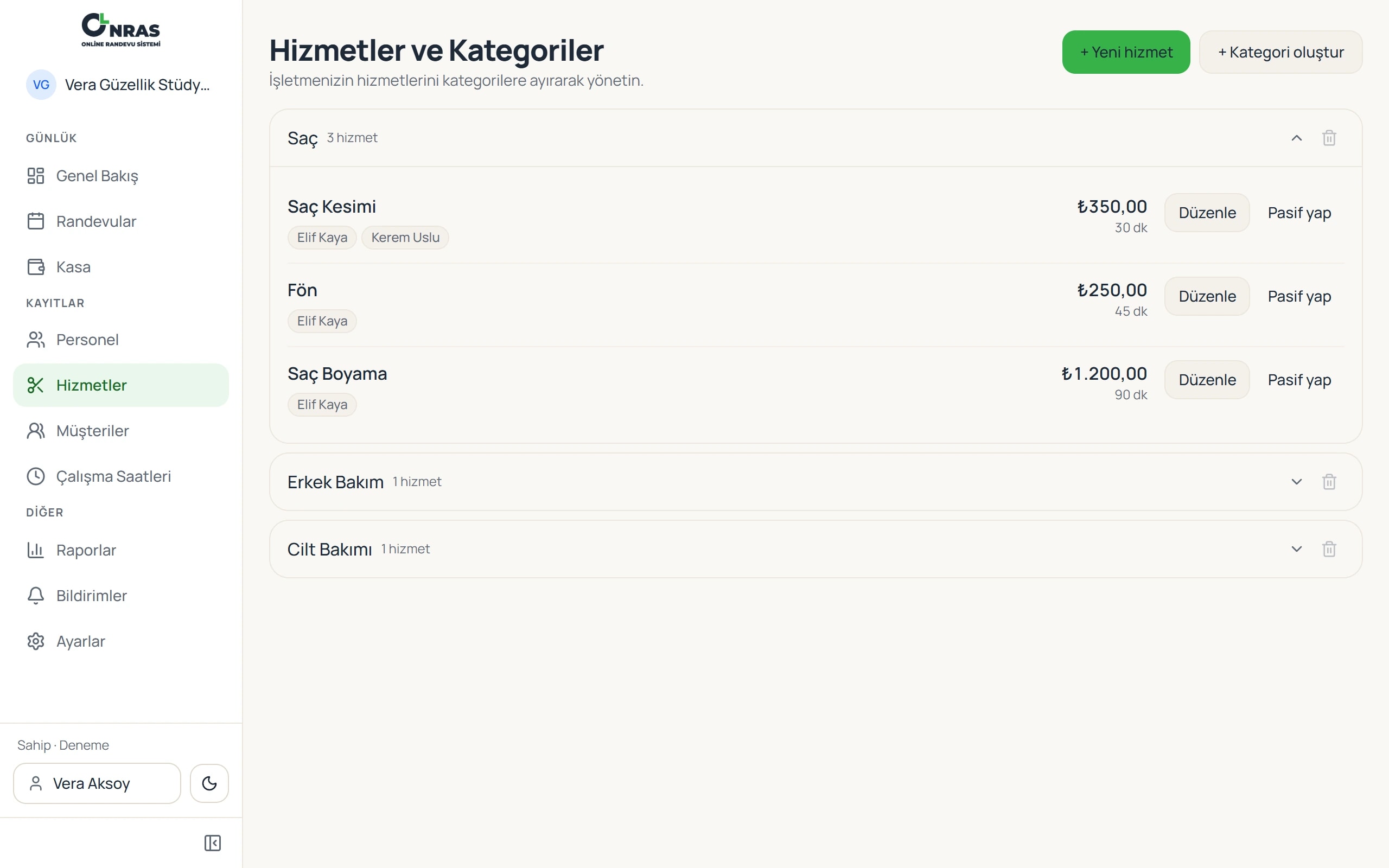 Onras panelinin Hizmetler ekranı: kategorilere ayrılmış hizmet listesi, süre, fiyat ve personel etiketleri.
