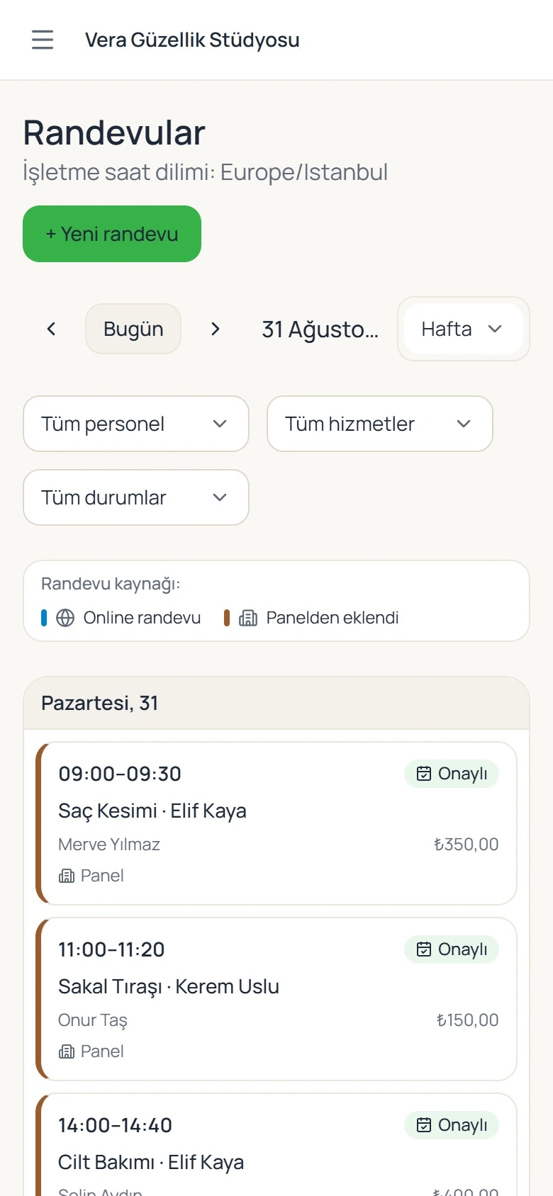 Aynı takvimin telefondaki görünümü.